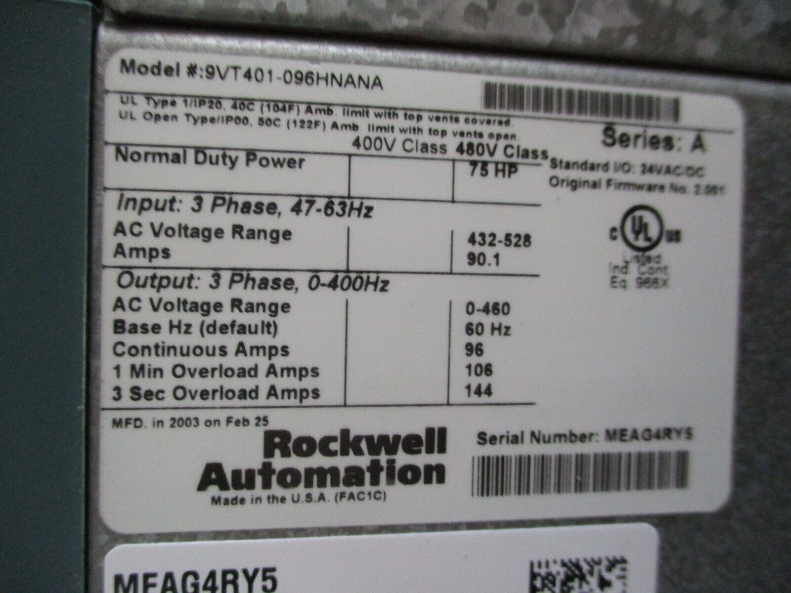 Rockwell Automation VTAC9 AC Drive 9VT401-096HNANA 75HP 3Ph w/ Keypad Used