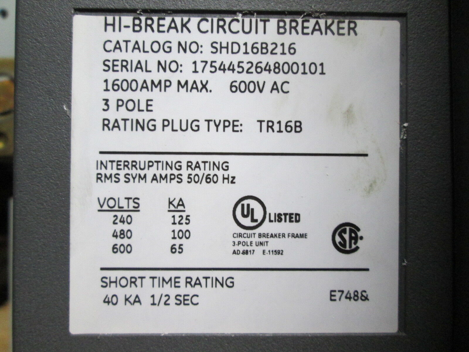 GE Hi-Break Circuit Breaker SHD16B216 1600A 240/480/600V 3P New Surplus