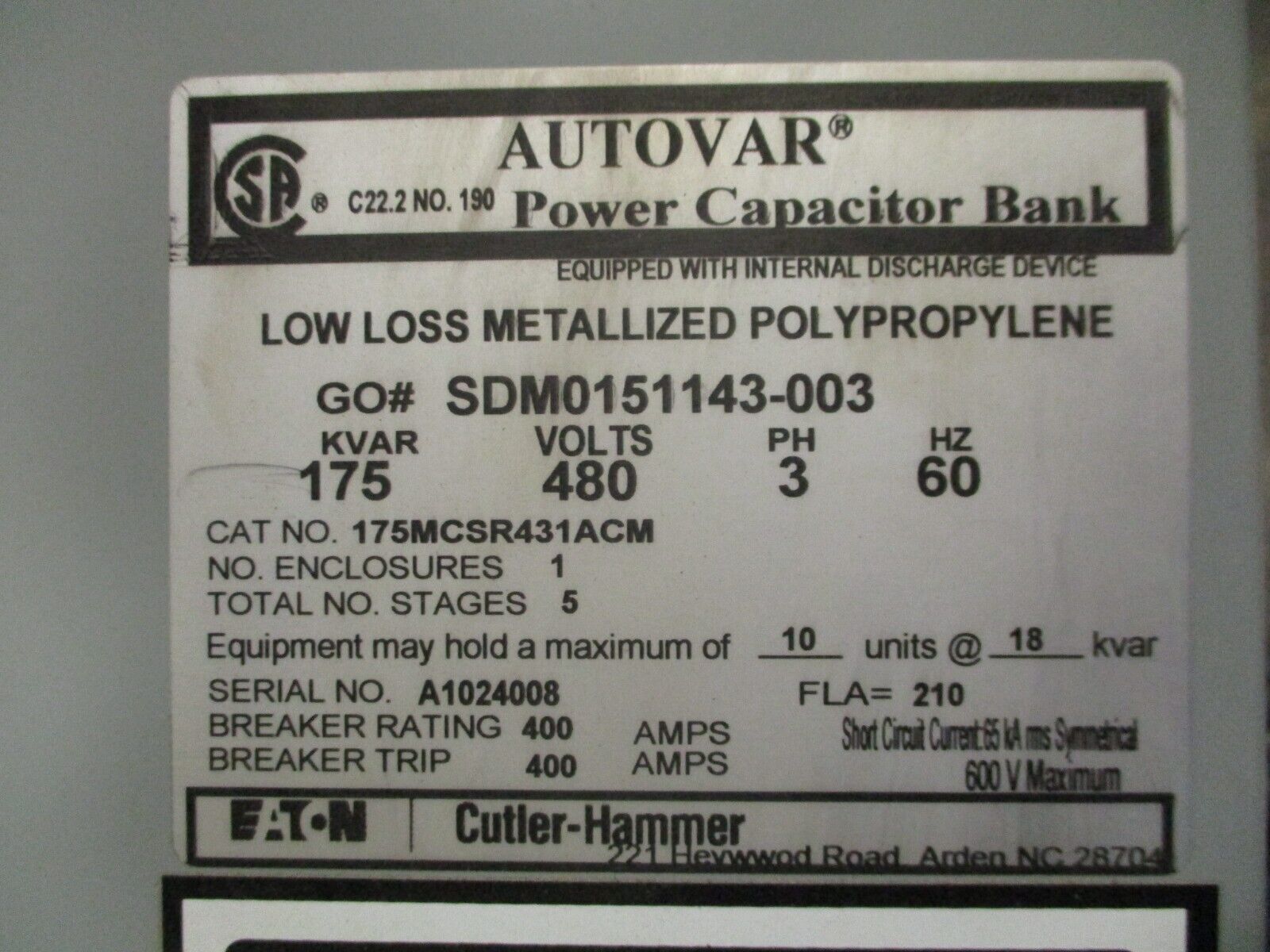 Eaton Autovar Capacitor Power Capacity Bank 175MCSR431ACM 175kVAR 480V 3Ph 60Hz