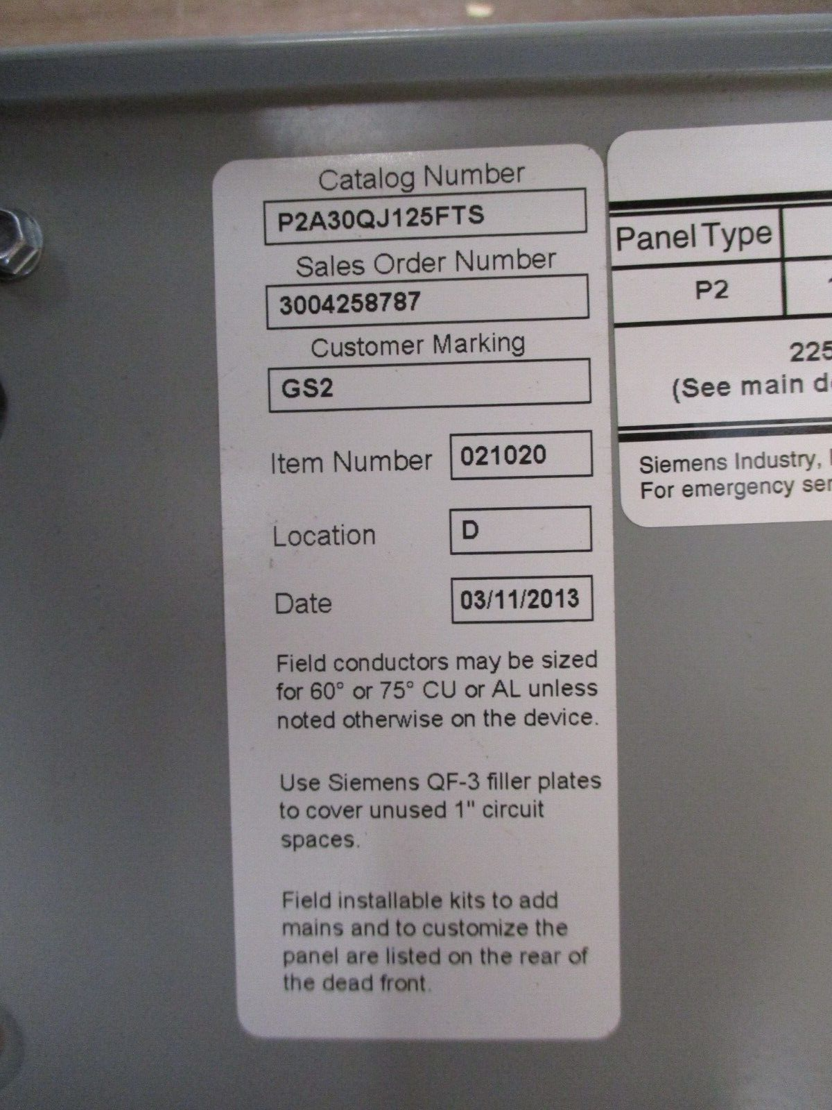Siemens P2 Main Breaker Panelboard Interior P2A30QJ125FTS 125A Main 225A Max 1Ph