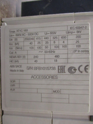 ABB SACE Tmax Circuit Breaker XT1C 160 80A 240/480V 3P Used
