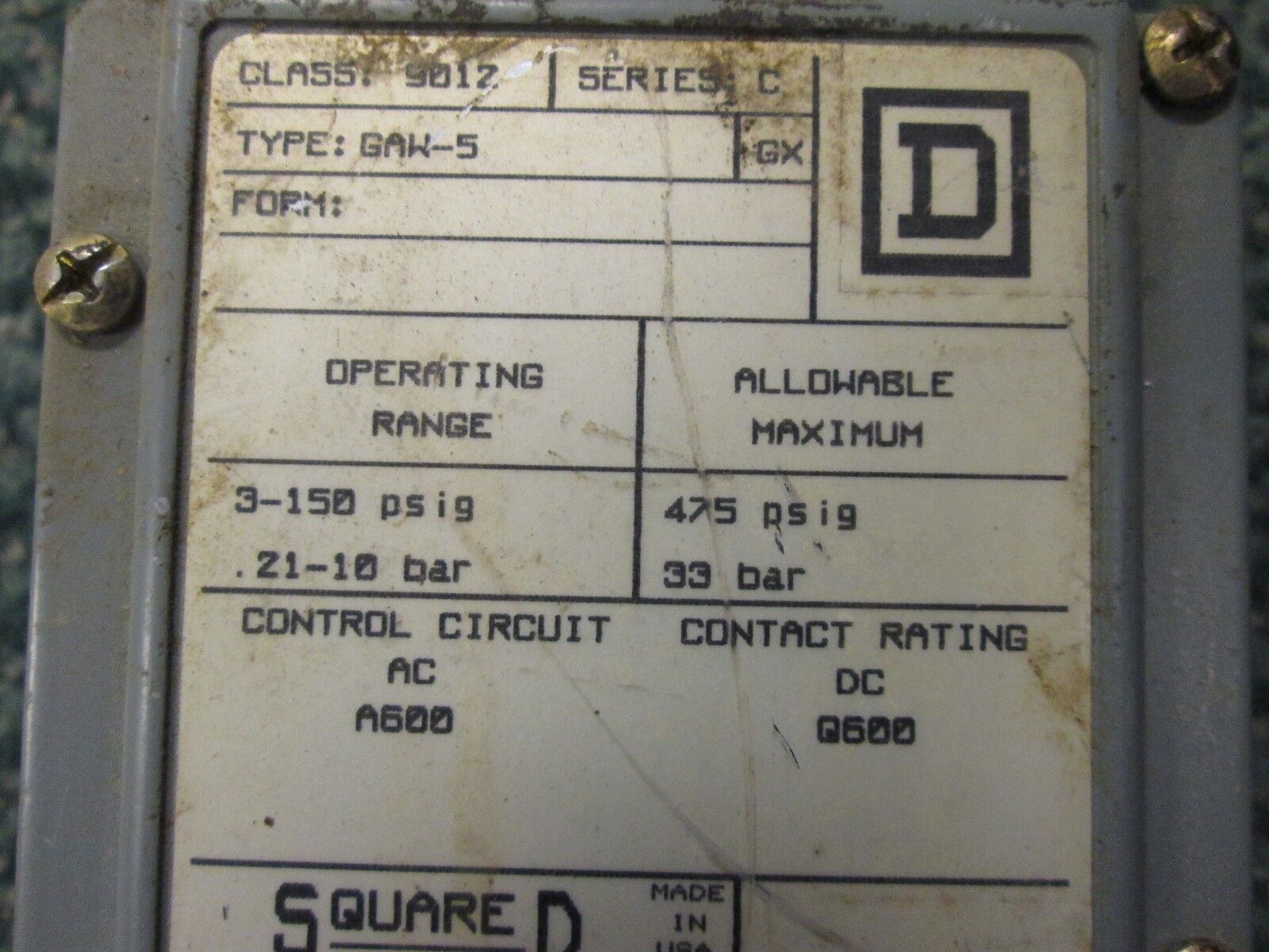 Square D Pressure Switch GAW-5 Nema 4 4X 13 Enclosure Used