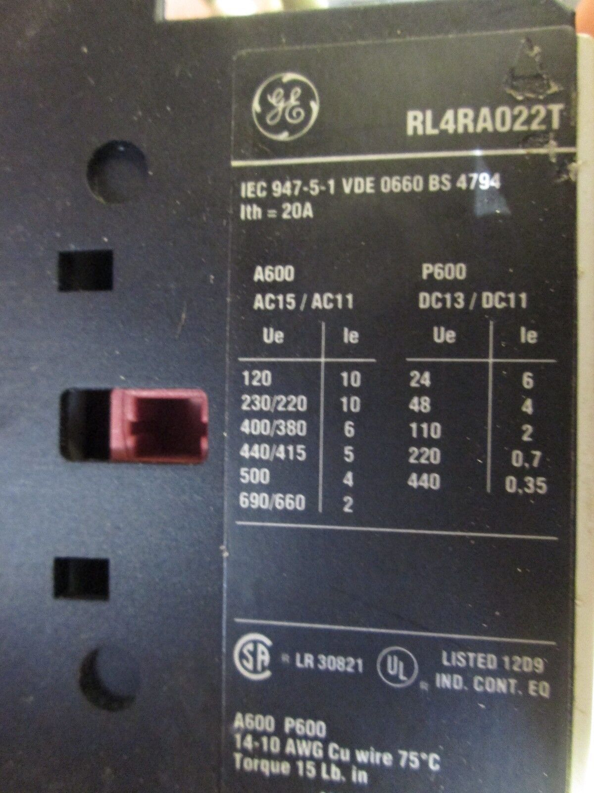 GE Contactor RL4RA022T 480V Coil 20A 600V Used