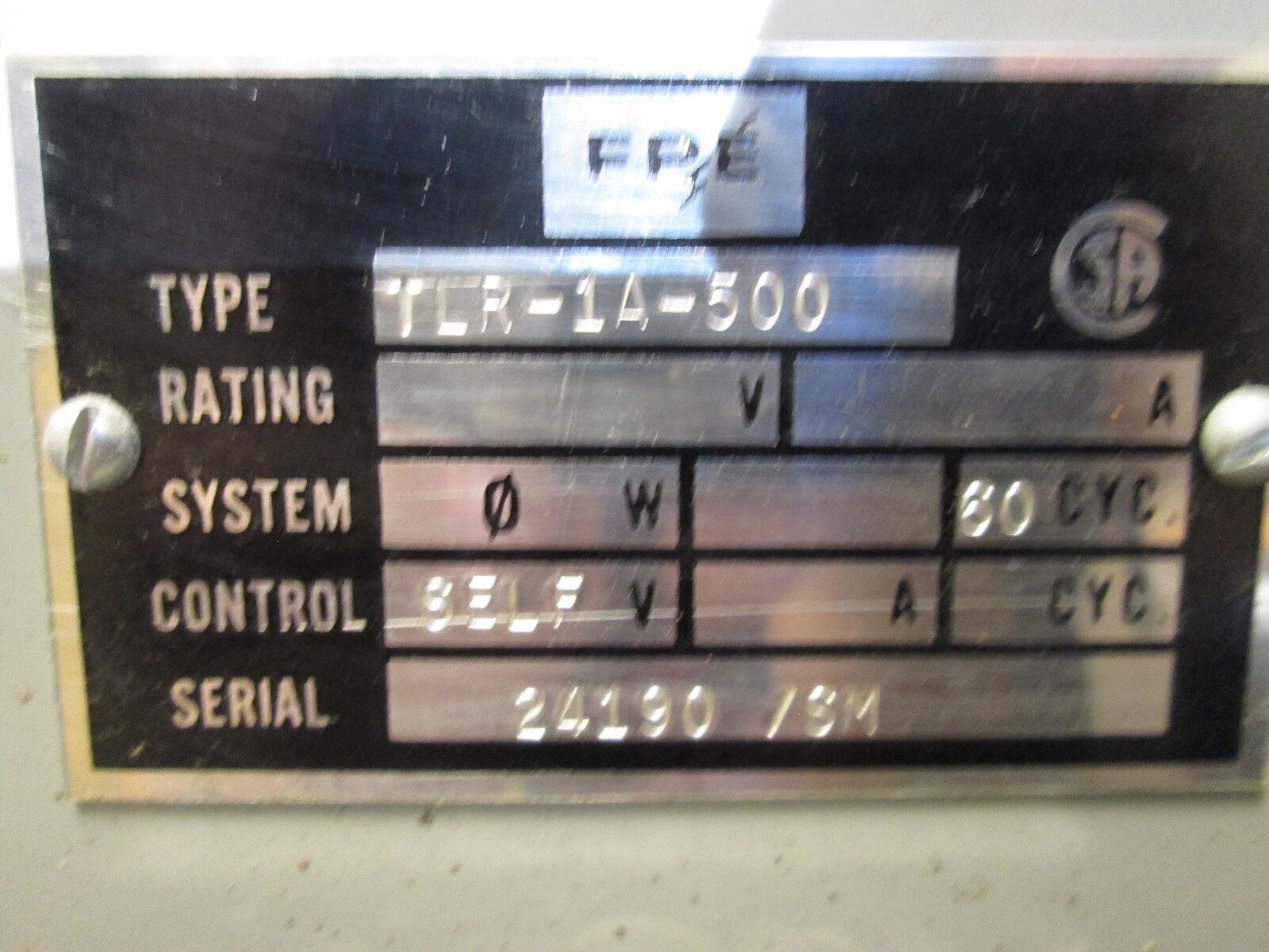 FPE Type TLR Ground Relay TLR-1A-500 60Hz Time Range: 0-0.4 Sec Used