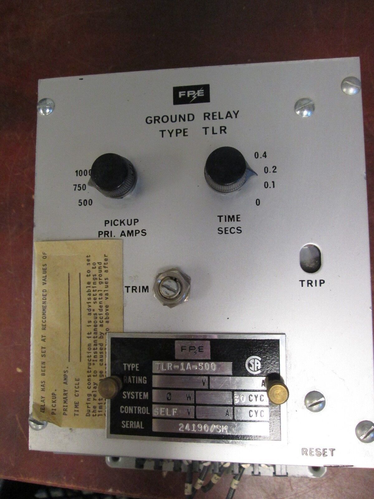 FPE Type TLR Ground Relay TLR-1A-500 60Hz Time Range: 0-0.4 Sec Used