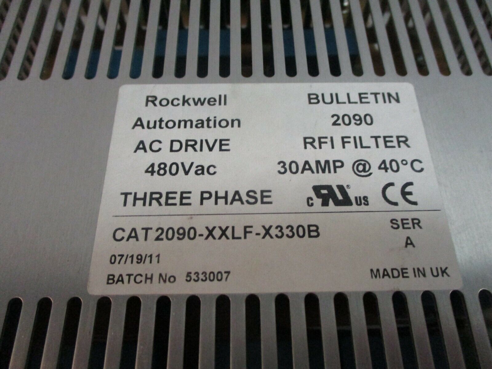 Rockwell Automation RFI Filter 2090-XXLF-X330B Ser. A 480V 3Ph 30A Used