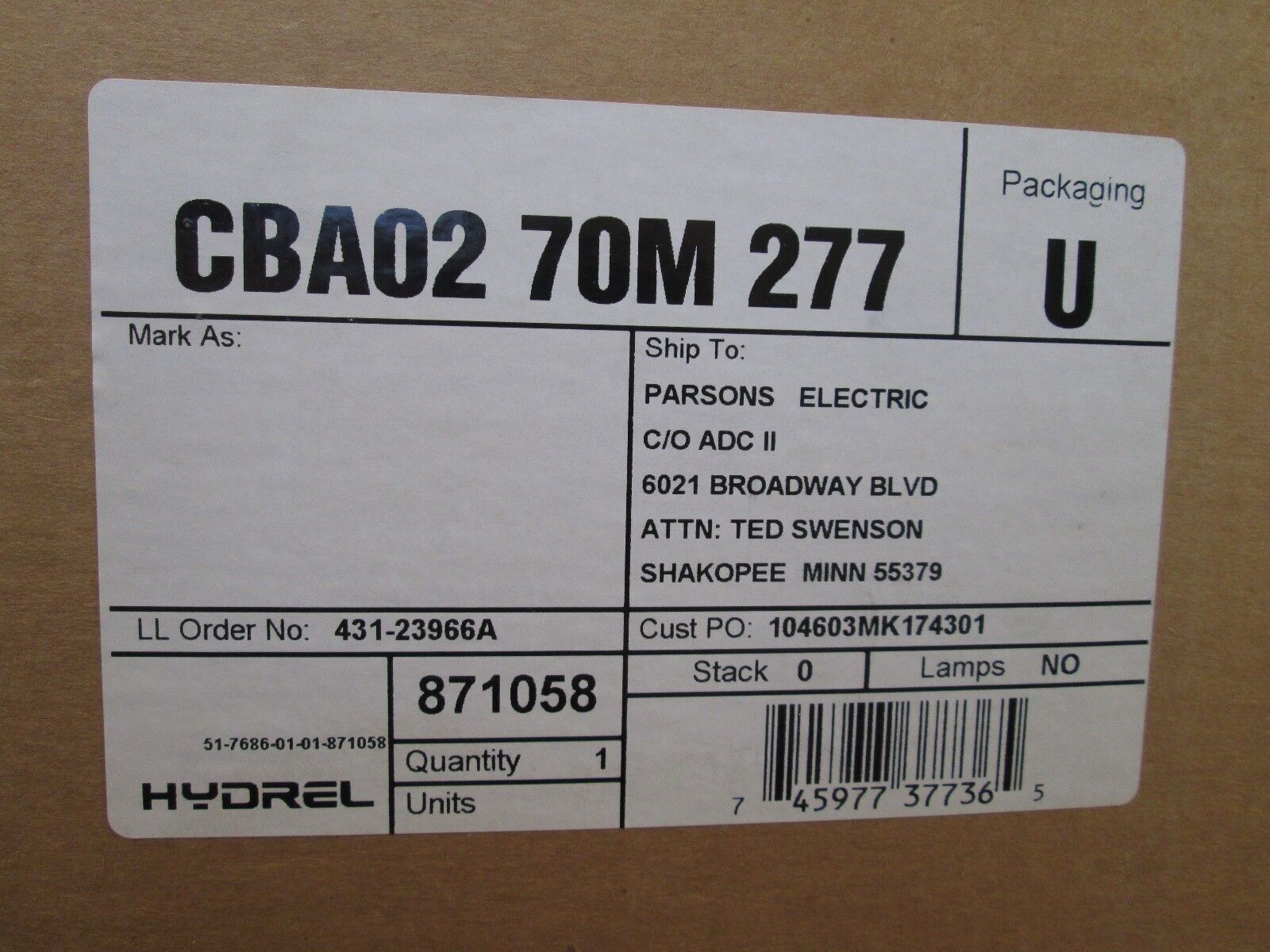 Hydrel/Acuity Brand Lighting Ballast CBA02 70M 277 277V New Surplus