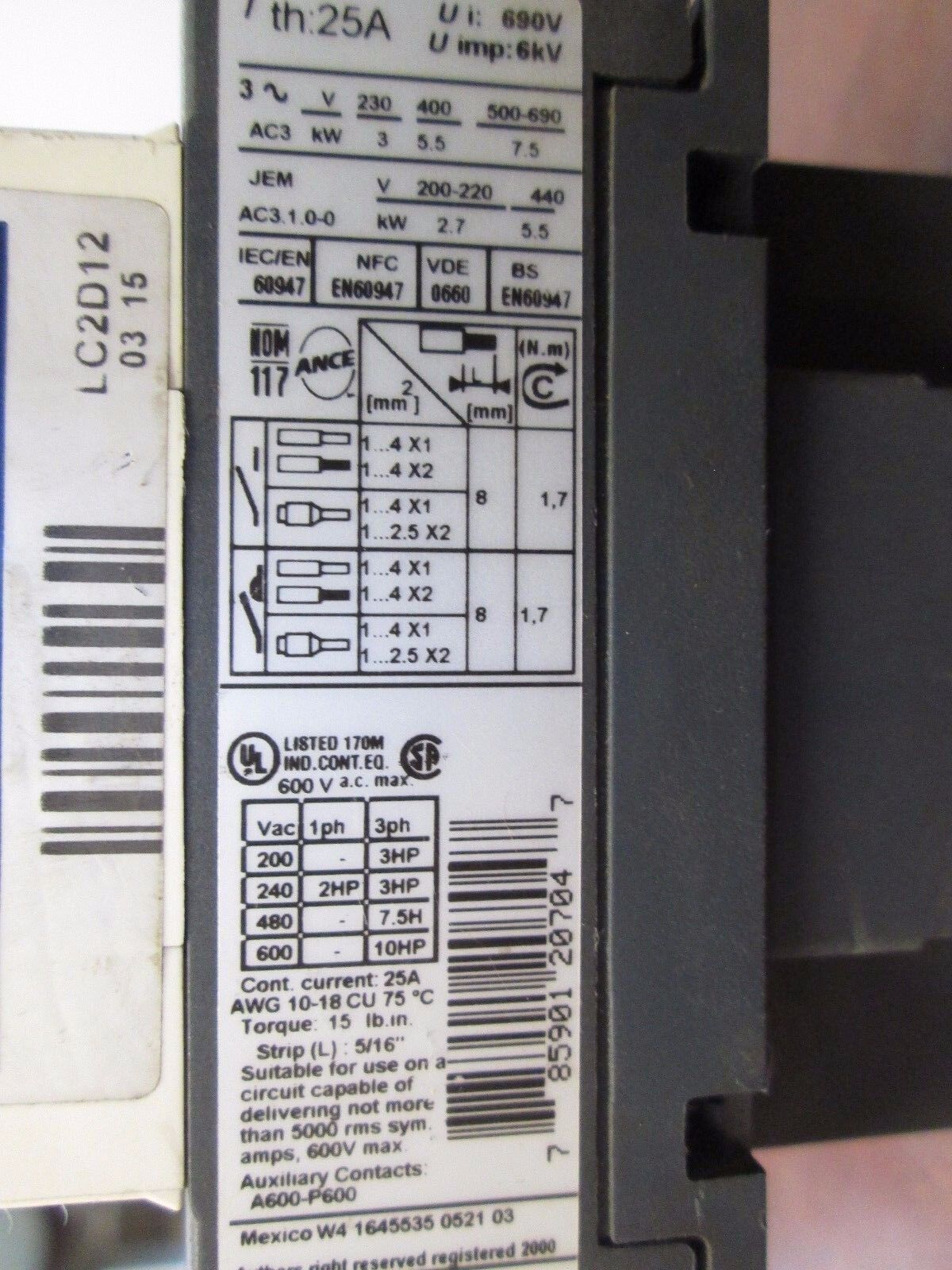 Telemecanique Contactor LC2D12 25A 600V Used