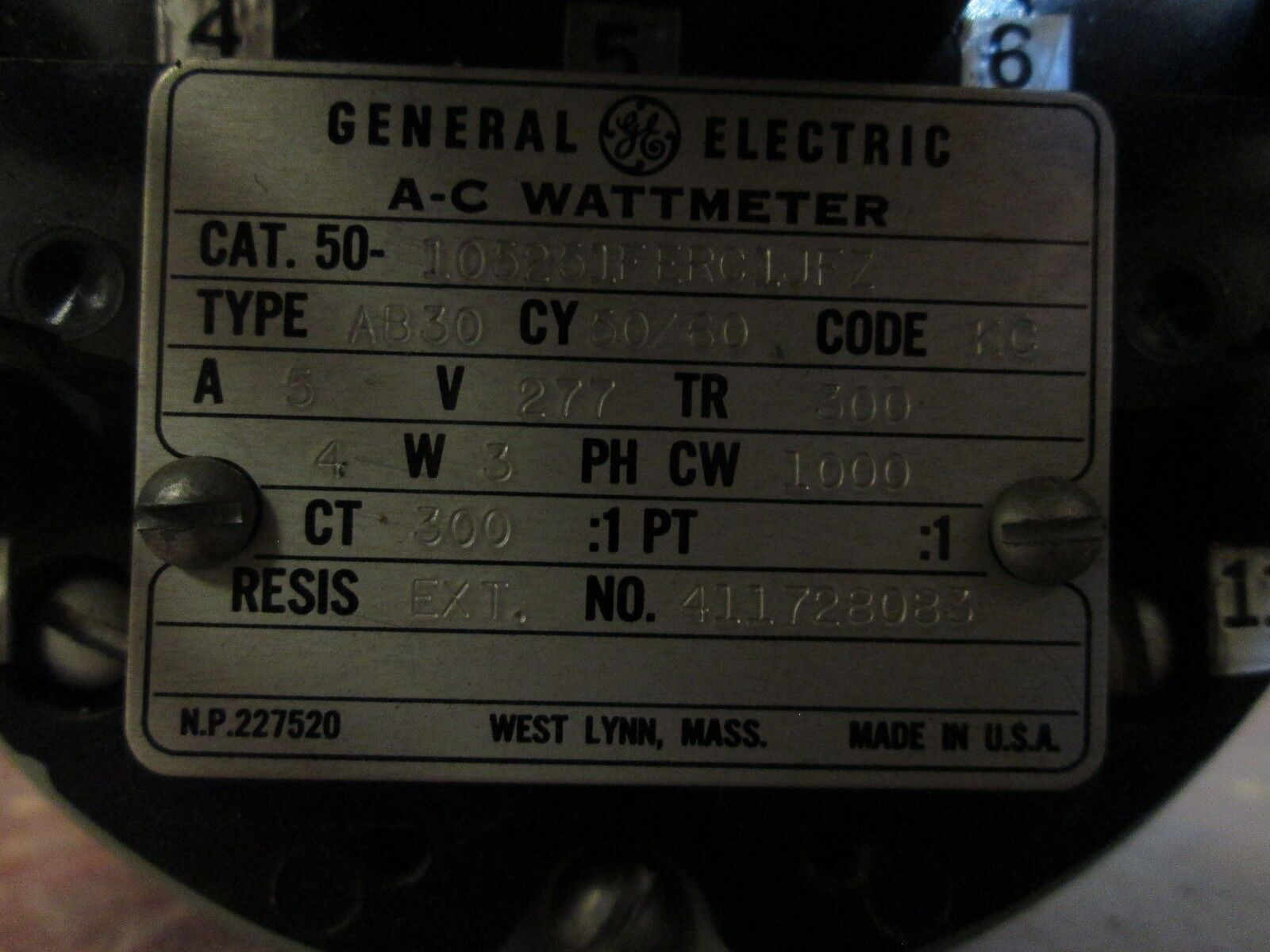 GE AC Wattmeter 50-105251FERC1JFZ Range: 0 - 1.2MW 277V 5A 50/60Hz Used