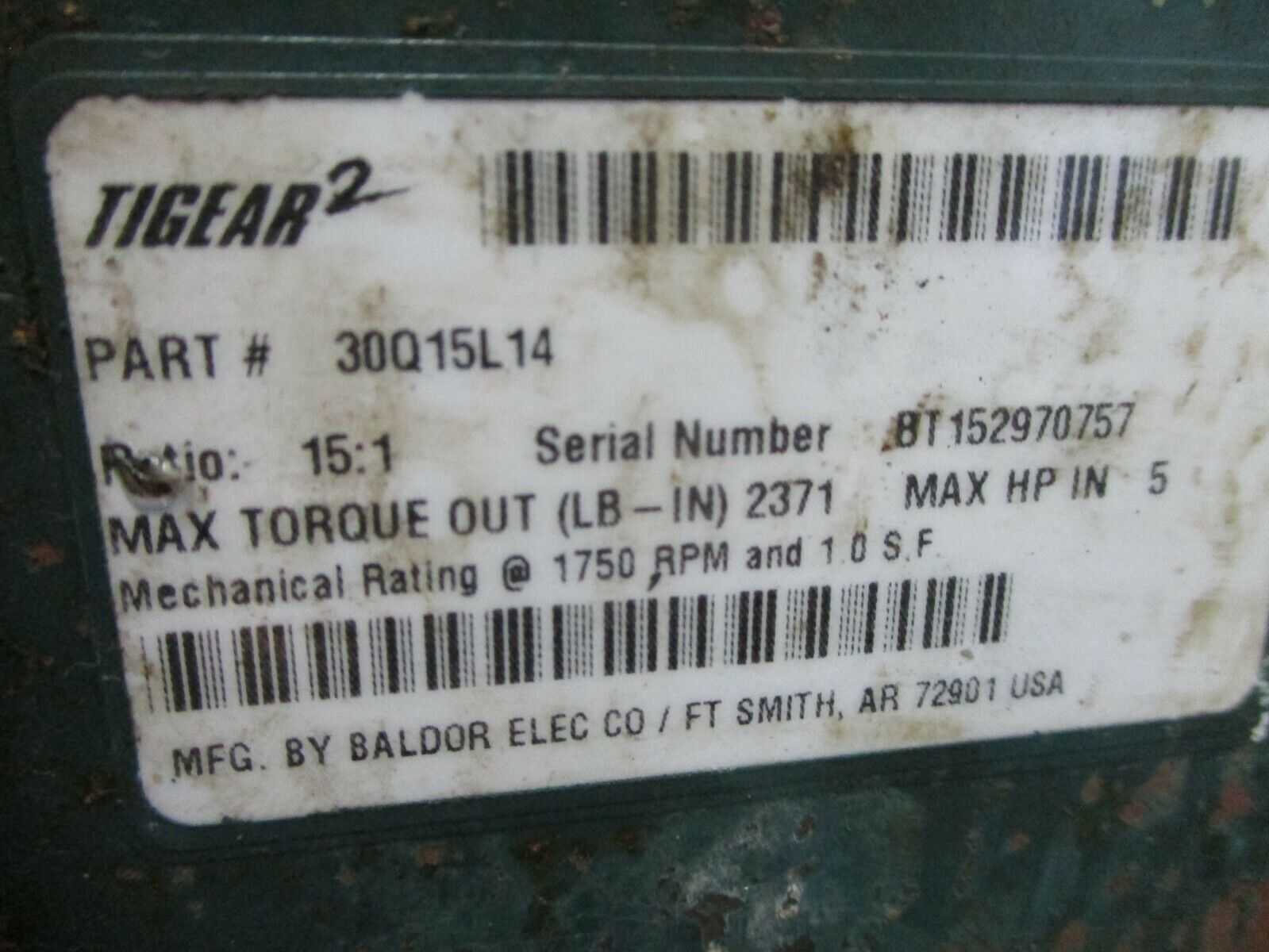 Dodge Tigear 2 Reducer 30Q15L14 Ratio: 15:1 5 HP In 2371 LB-In Torque Out Used