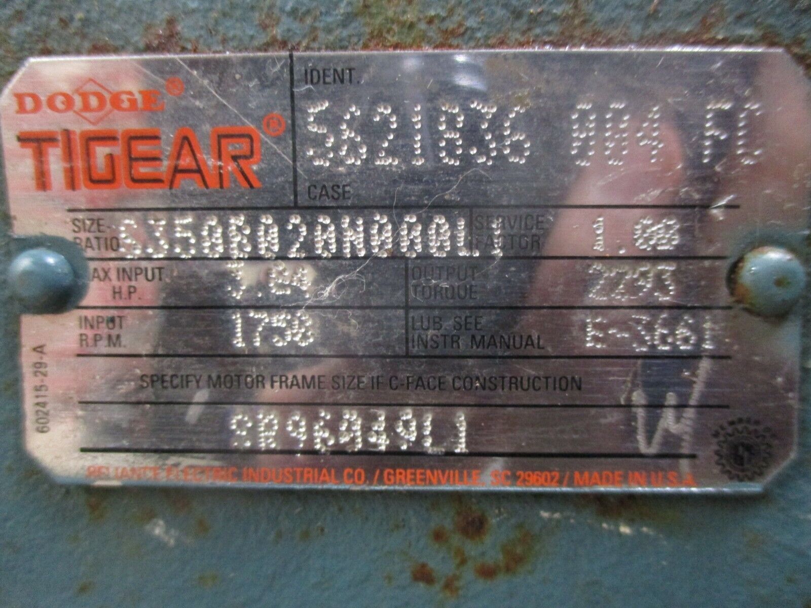 Dodge Tigear Reducer SR96049L1 Size: S3506020N00L1 Ratio 20:1 Used