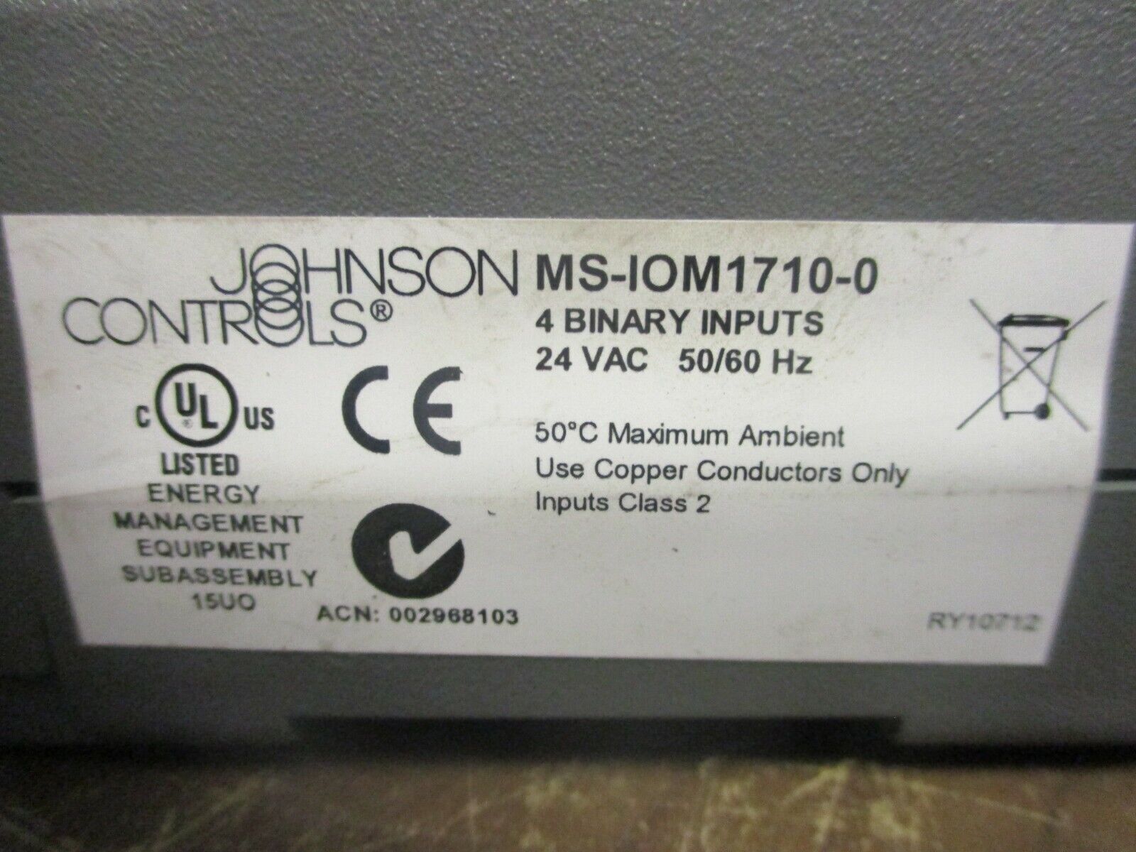 Johnson Controls I/O Module MS-IOM1710-0 4 Binary Inputs 24VAC 50/60Hz Used