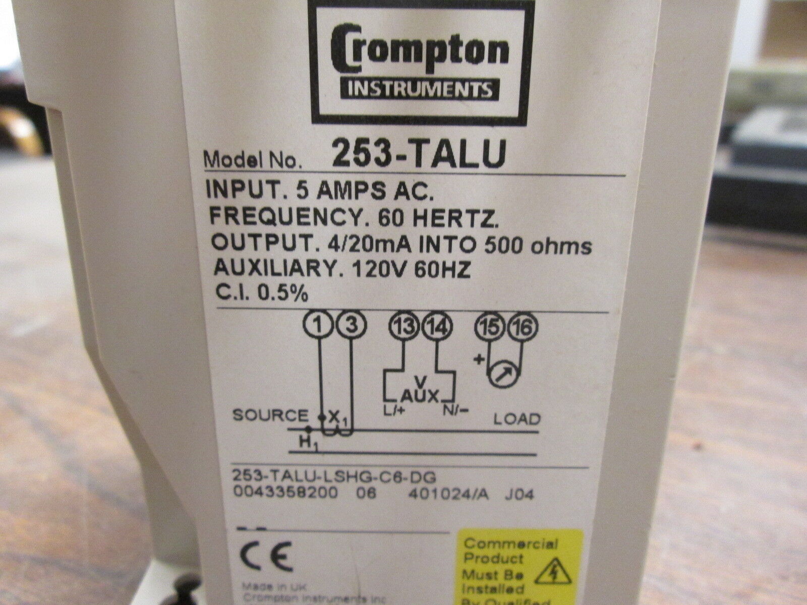 Crompton Paladin Current Transducer 253-TALU Input: 5A 60Hz Aux: 120V 60Hz Used