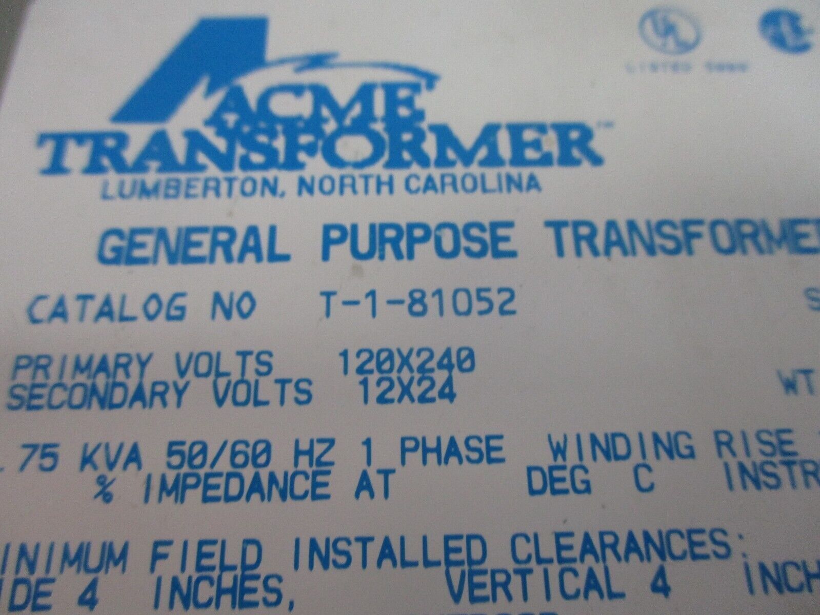 Acme Transformer T-1-81052 0.75kVA Pri: 120/240V Sec: 12/24V 1Ph 50/60Hz Used