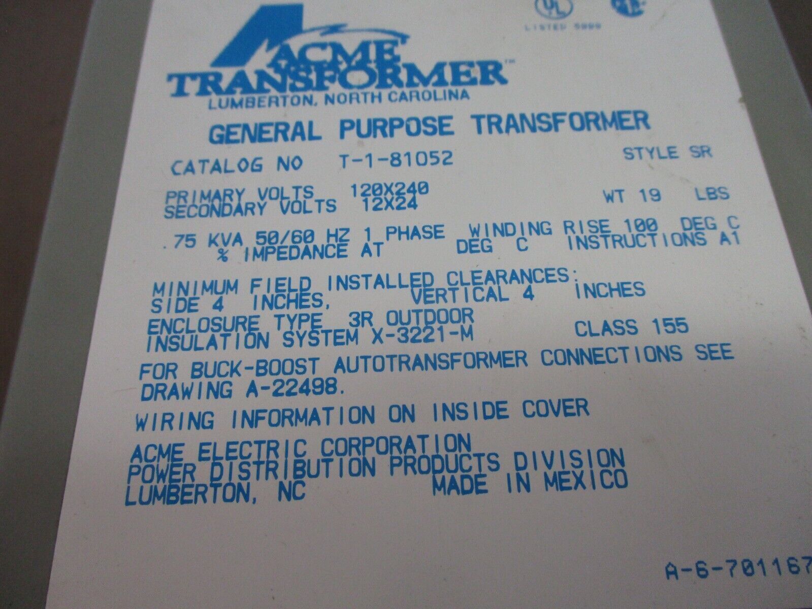 Acme Transformer T-1-81052 0.75kVA Pri: 120/240V Sec: 12/24V 1Ph 50/60Hz Used