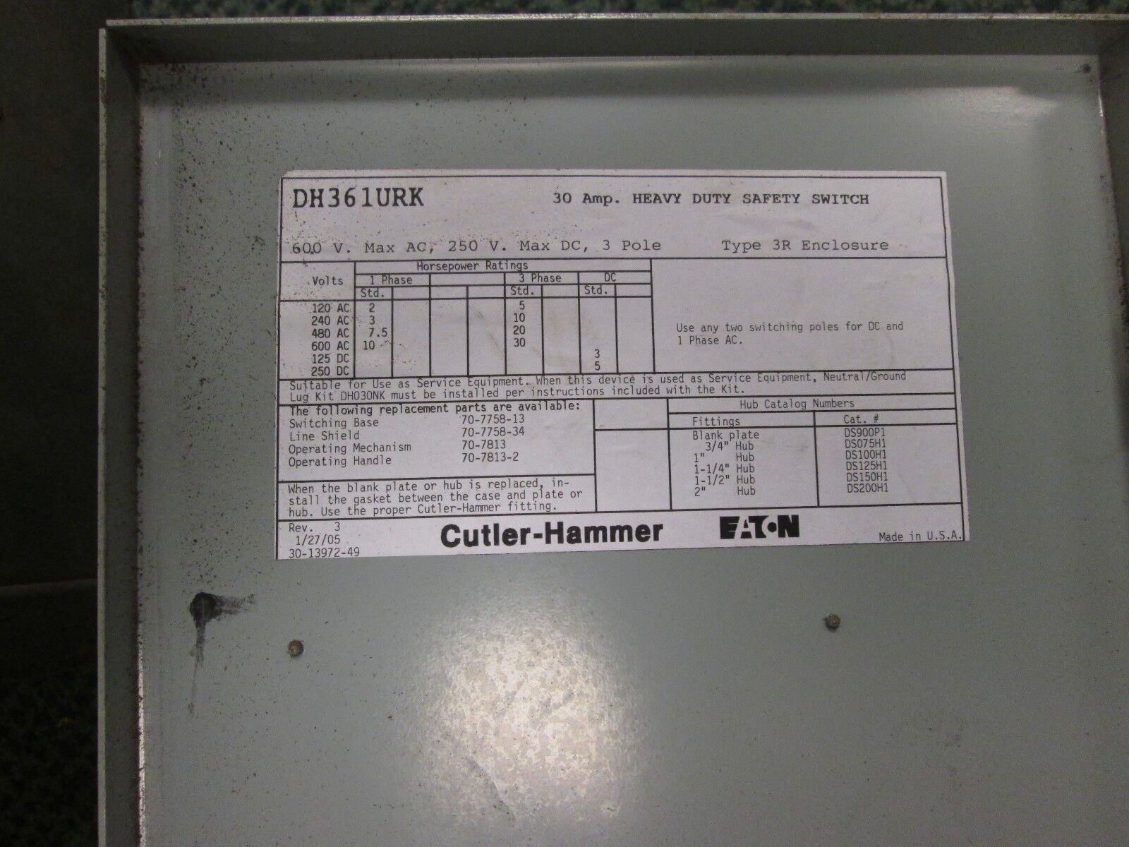 Cutler-Hammer Non-Fusible 3R Safety Switch DH361URK 30A 600V 3P Nema 3R Encl