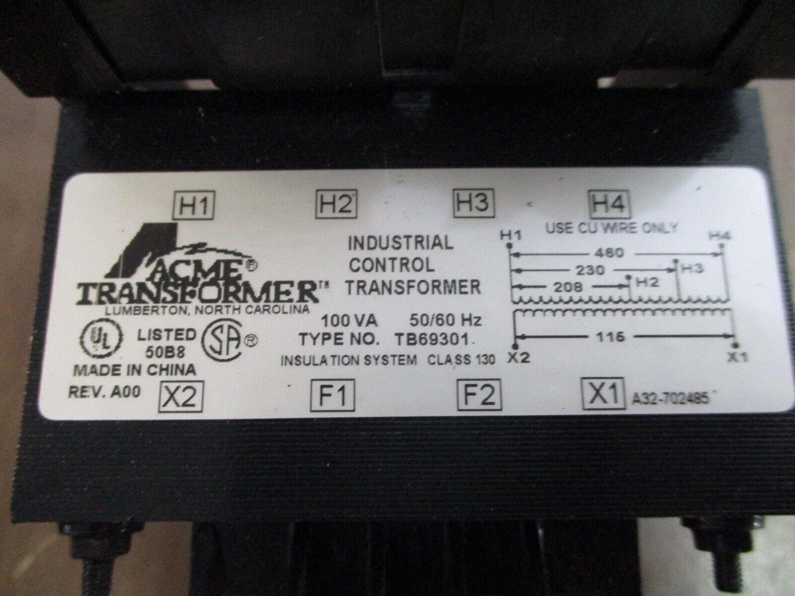 Acme Transformer Control Transformer TB69301 100VA Pri: 208/230/460V Sec: 115V