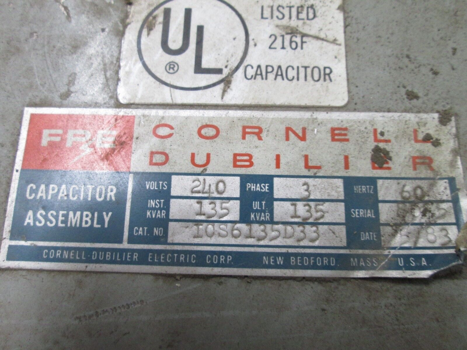 Cornell Dubilier Capacitor ICS6135D33 135 KVAR 240V 60Hz 3Ph Used