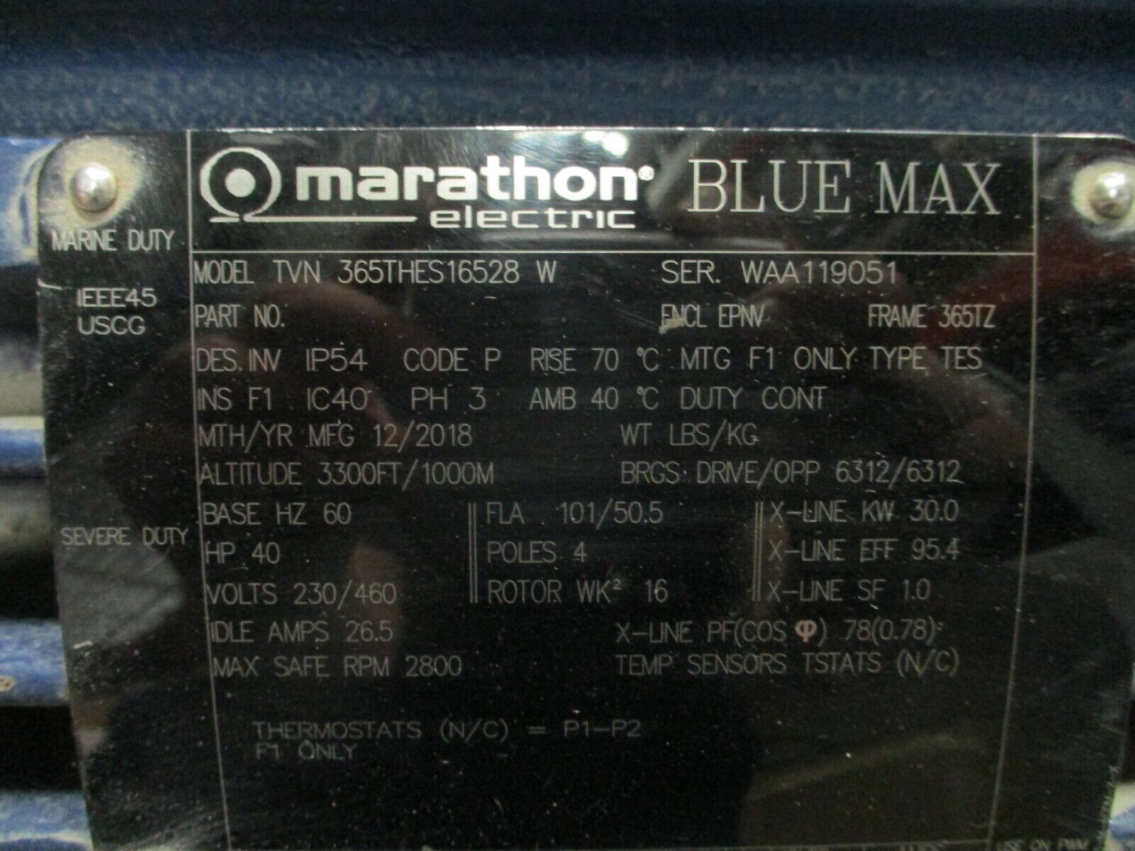 Marathon Blue Max AC Motor TVN 365THES16528 W 40HP 2800RPM 230/460V Used