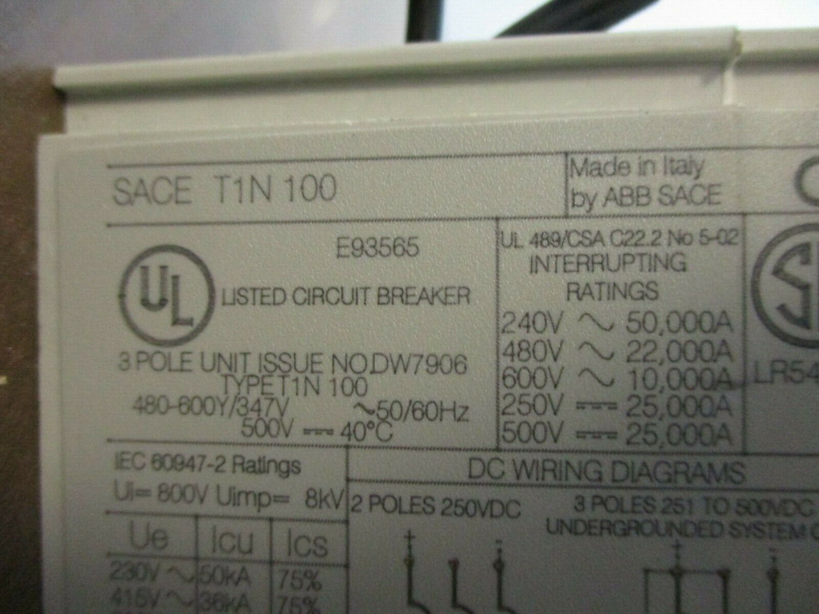 ABB Sace Tmax Breaker Disconnect TIN 100 100A 600V 3P Used
