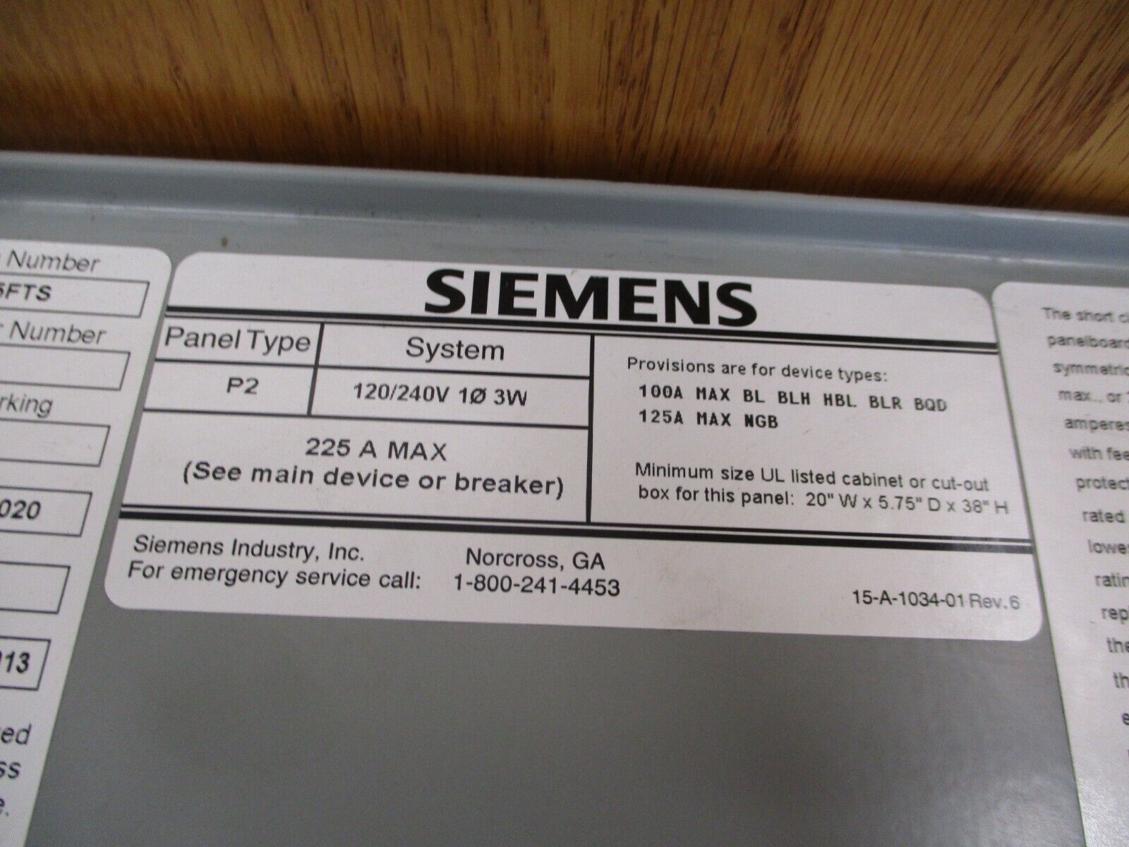 Siemens P2 Main Breaker Panelboard Interior P2A30QJ125FTS 125A Main 120/240V 1Ph