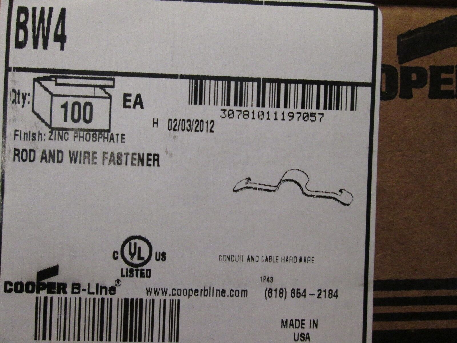 Cooper/B-Line Wing Clip BW4 *Approx 90* New Surplus