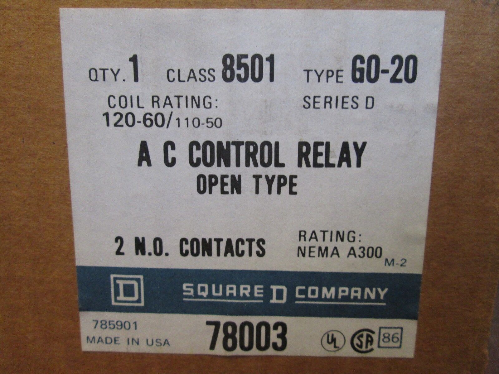 Square D AC Control Relay 8501 G0-20 120V Coil 2 N.O. Contacts nema A300