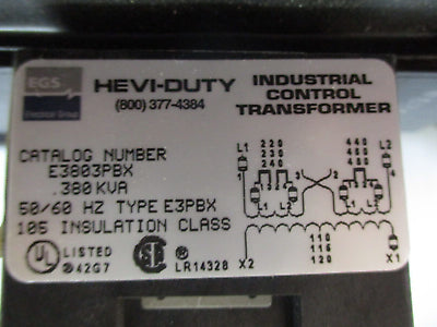 Hevi-Duty Control Transformer E3803PBX 0.380KVA Pri: 240/480V Sec: 120V 50/60Hz