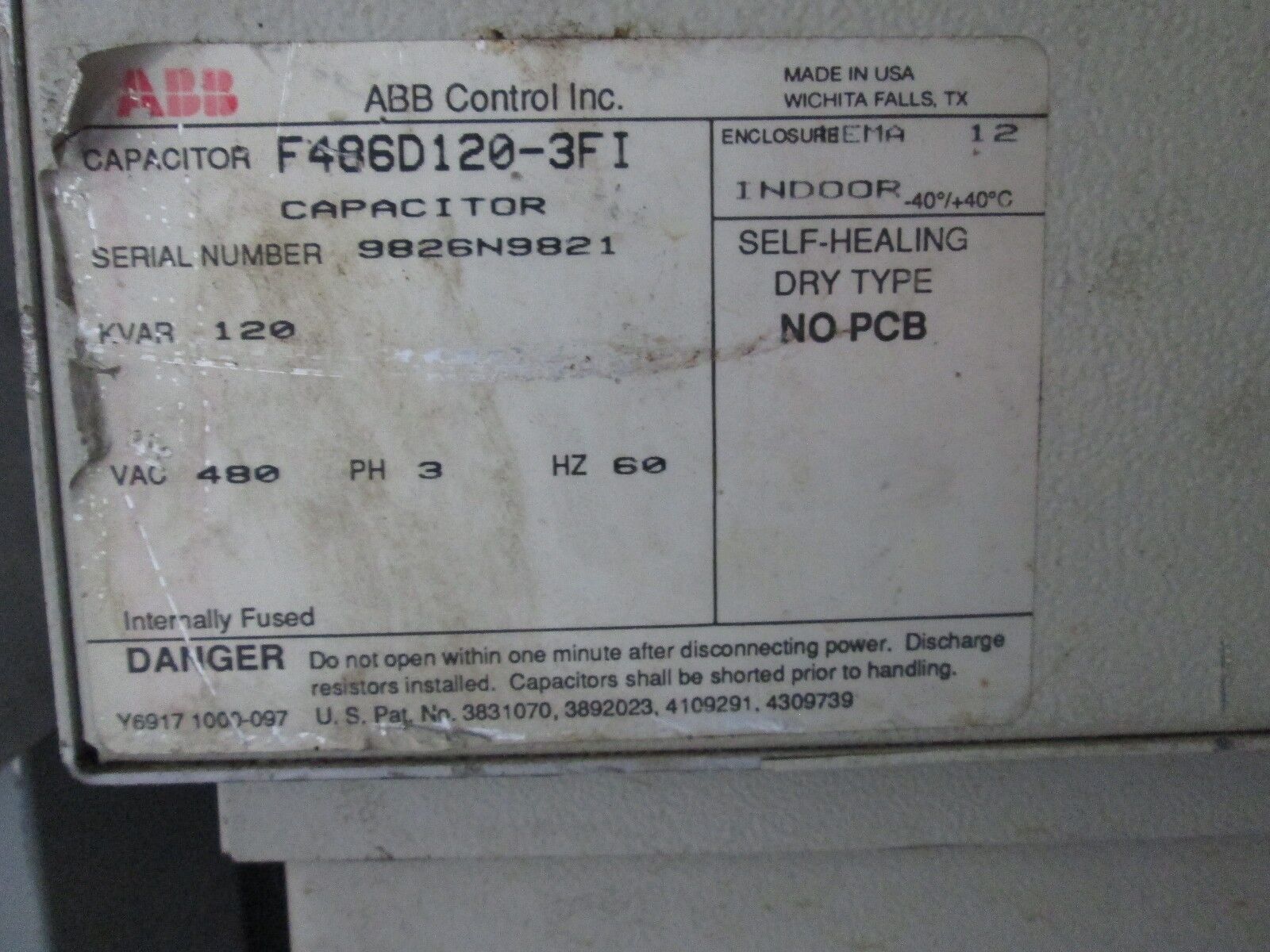 ABB Capacitor F486D120-3FI 120 KVAR 480V 60Hz 3Ph Used