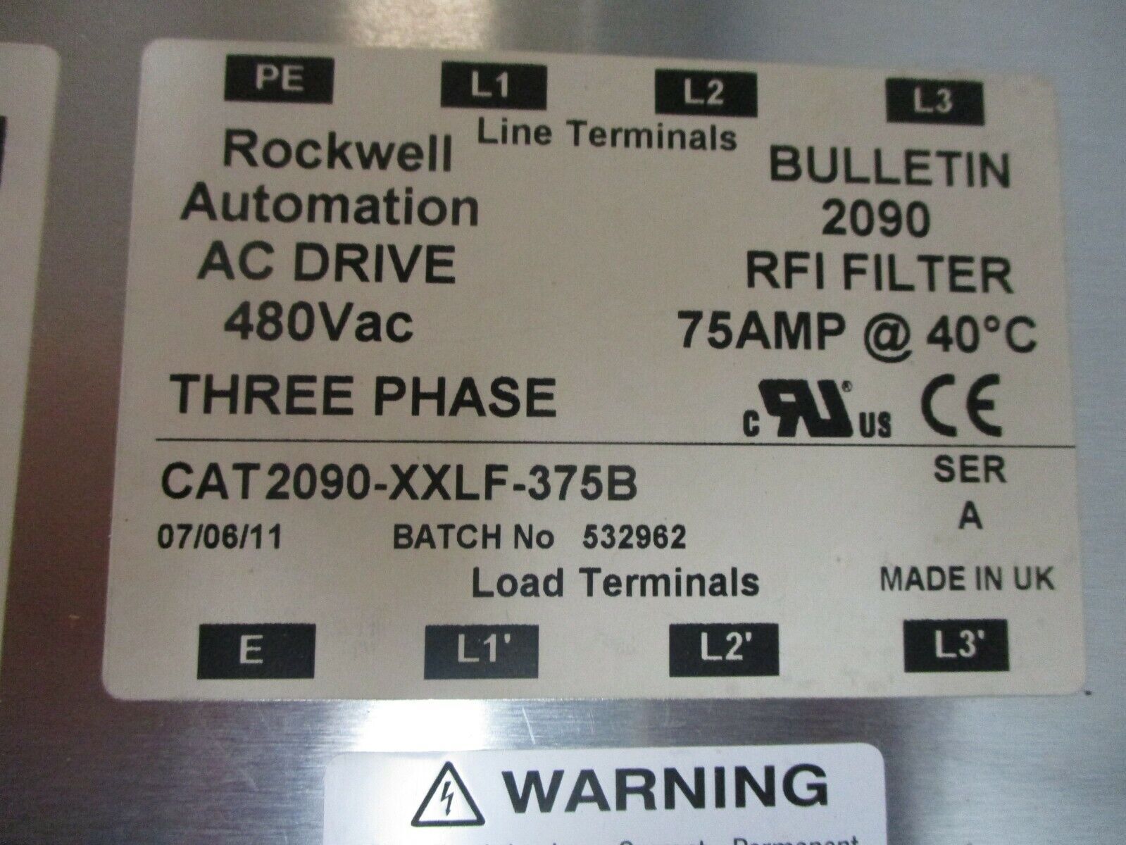 Rockwell Automation RFI Filter 2090-XXLF-375B Ser. A 480V 3Ph 75A Used