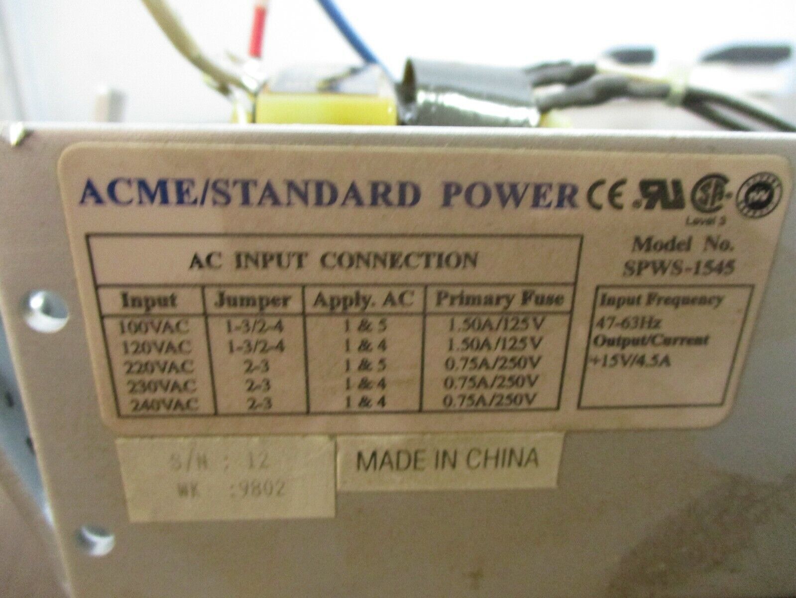 Acme / Standard Power Power Supply SPWS-1545 Input: 100-240V 47-63Hz *Bent Base*