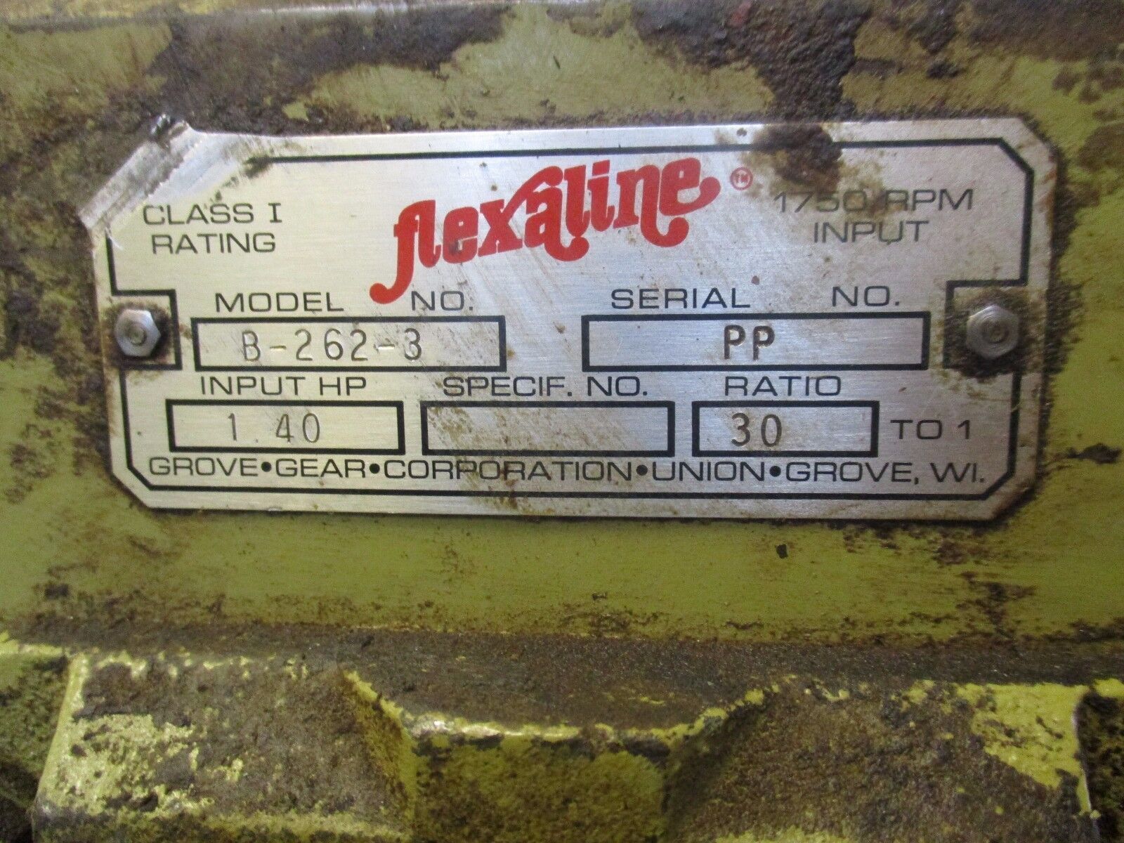 Grove Gear Flexaline Reducer B-262-3 Ratio 30:1 1.4HP In Used