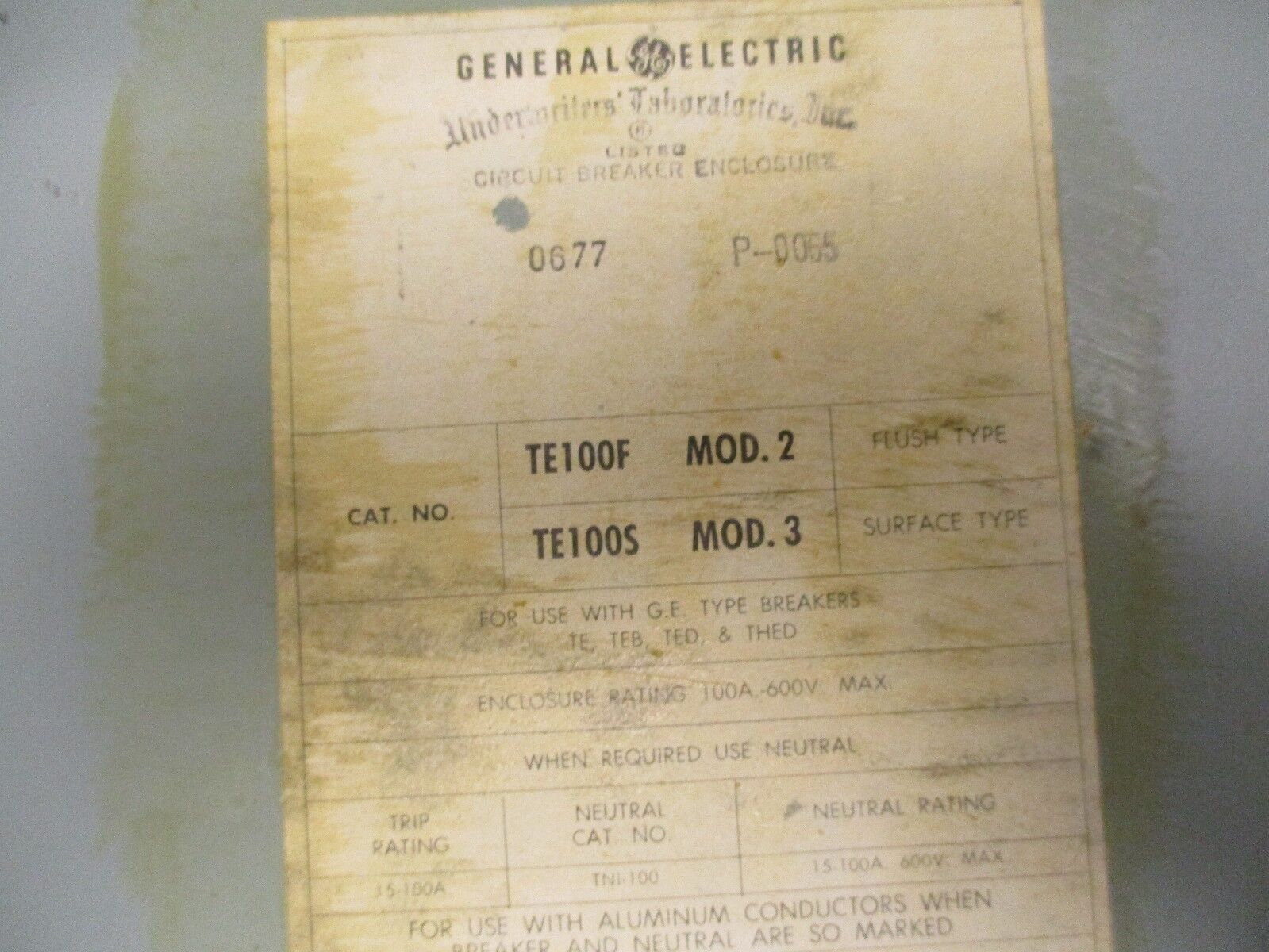 GE Circuit Breaker Enclosure TE100S 100A 600V *Missing Cover Screws* Used