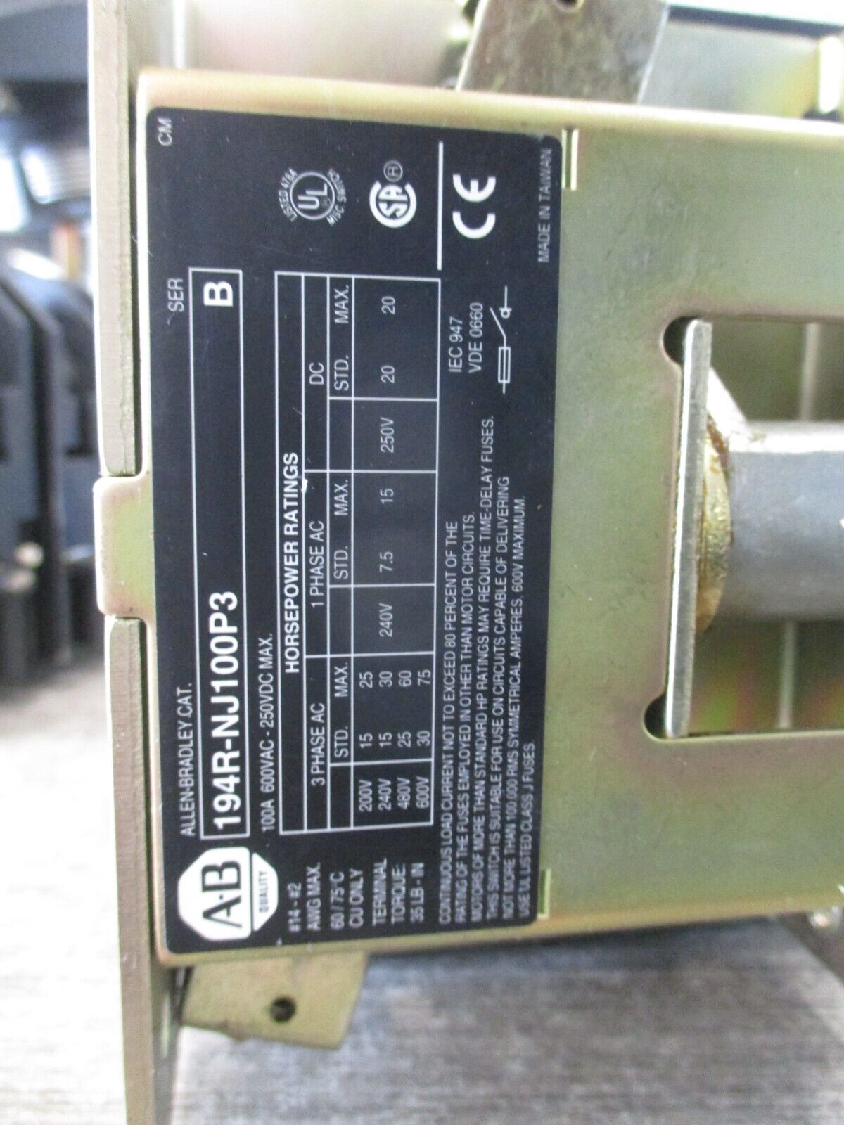 Allen-Bradley Fusible Disconnect Switch 194R-NJ100P3 Ser. B 100A 600V 3Ph Used