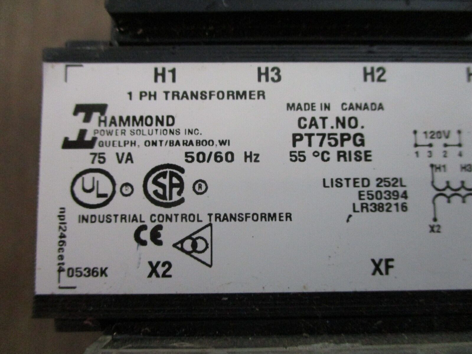 Hammond Control Transformer PT75PG 75VA Pri: 120/240V Sec: 24V 1Ph 50/60Hz Used