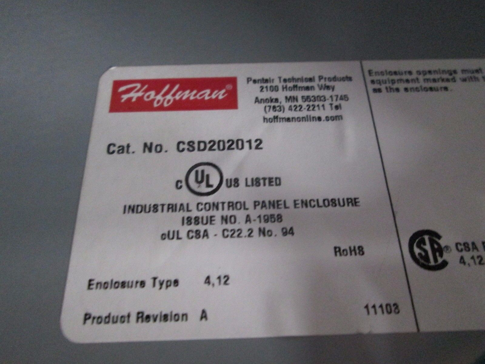 Hoffman Concept Enclosure w/ Disconnect CSD202012 Type 4,12 Size: 20x20x12" Used