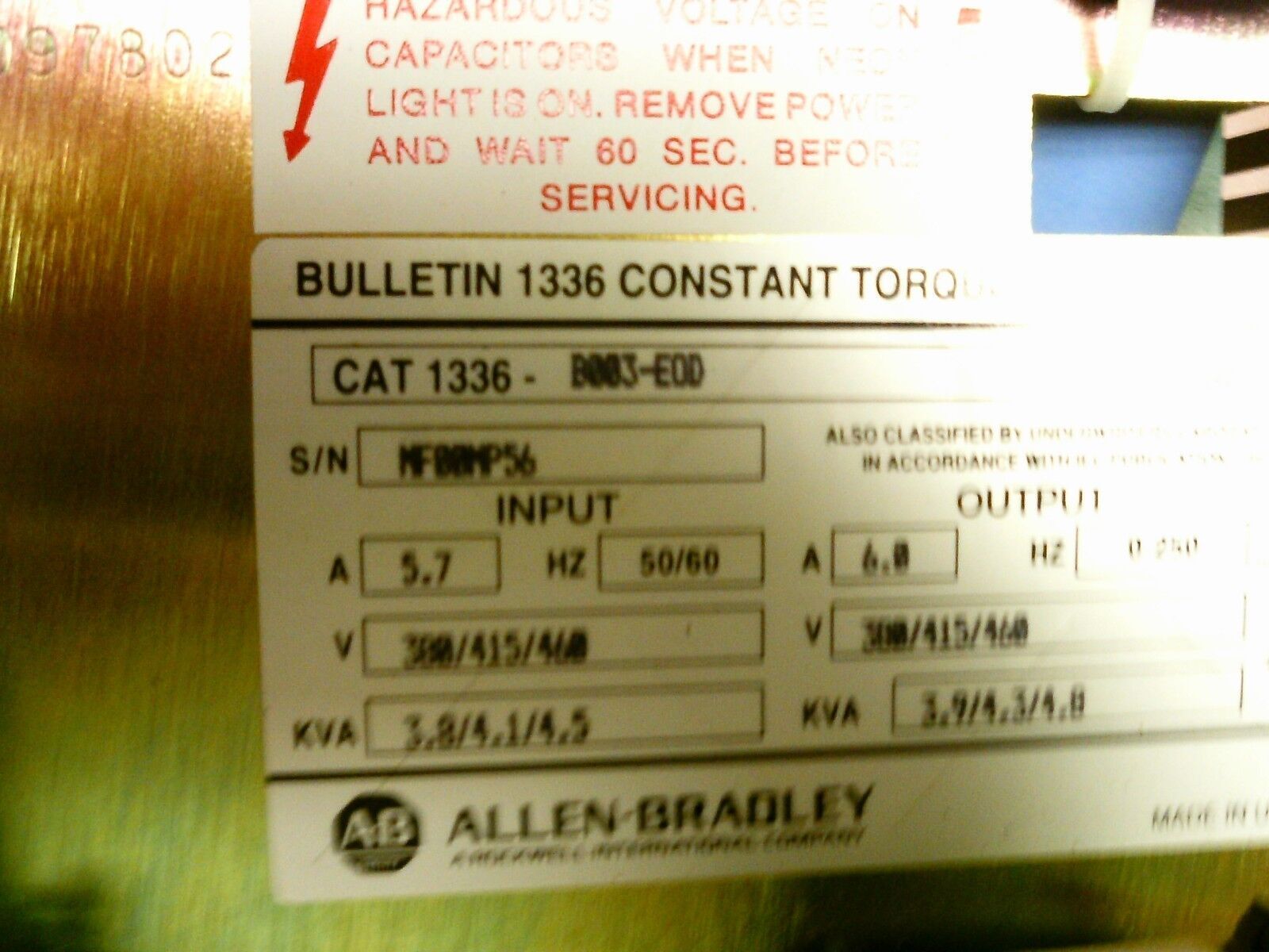Allen-Bradley 1336 AC Drive 1336-B003-EOD w/ L3 Card 3HP Used