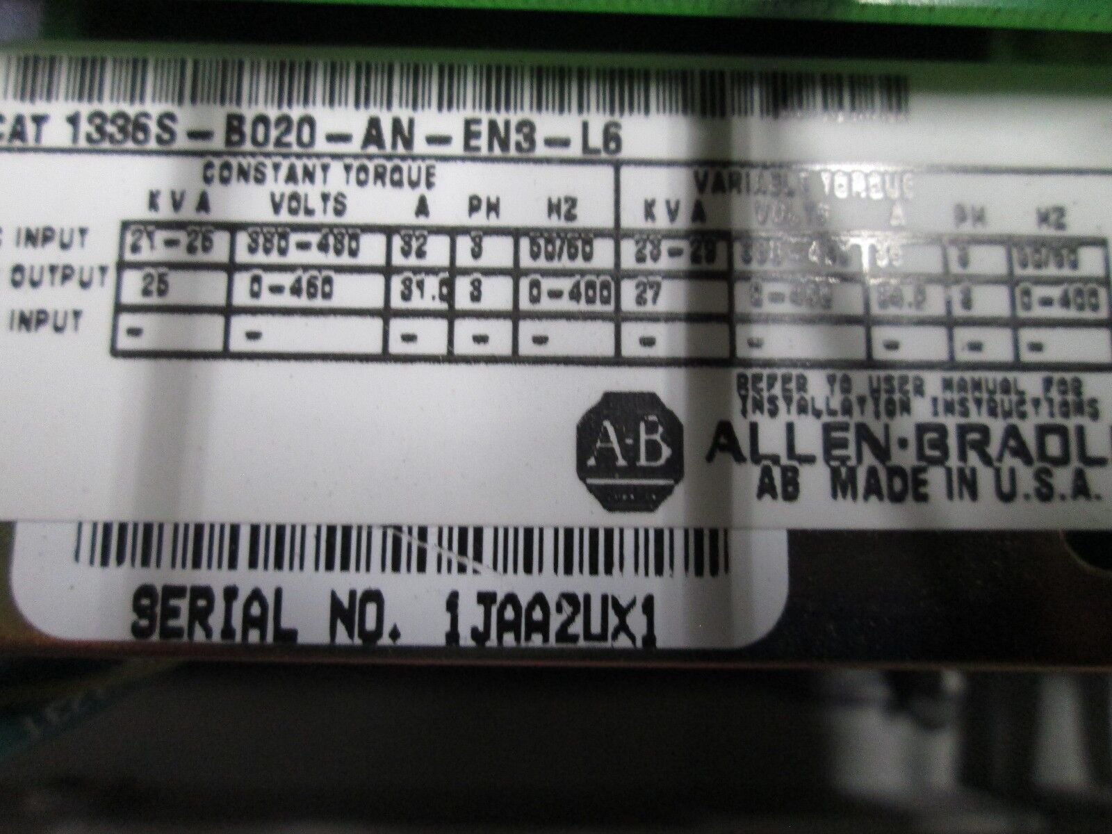Allen-Bradley 1336 Plus AC Drive 1336S-B020-AN-EN3-L6 nema 12 Enc. 20HP Used