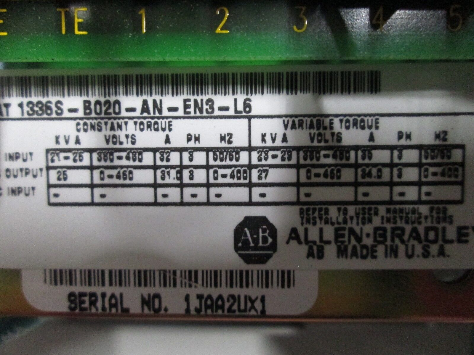 Allen-Bradley 1336 Plus AC Drive 1336S-B020-AN-EN3-L6 nema 12 Enc. 20HP Used