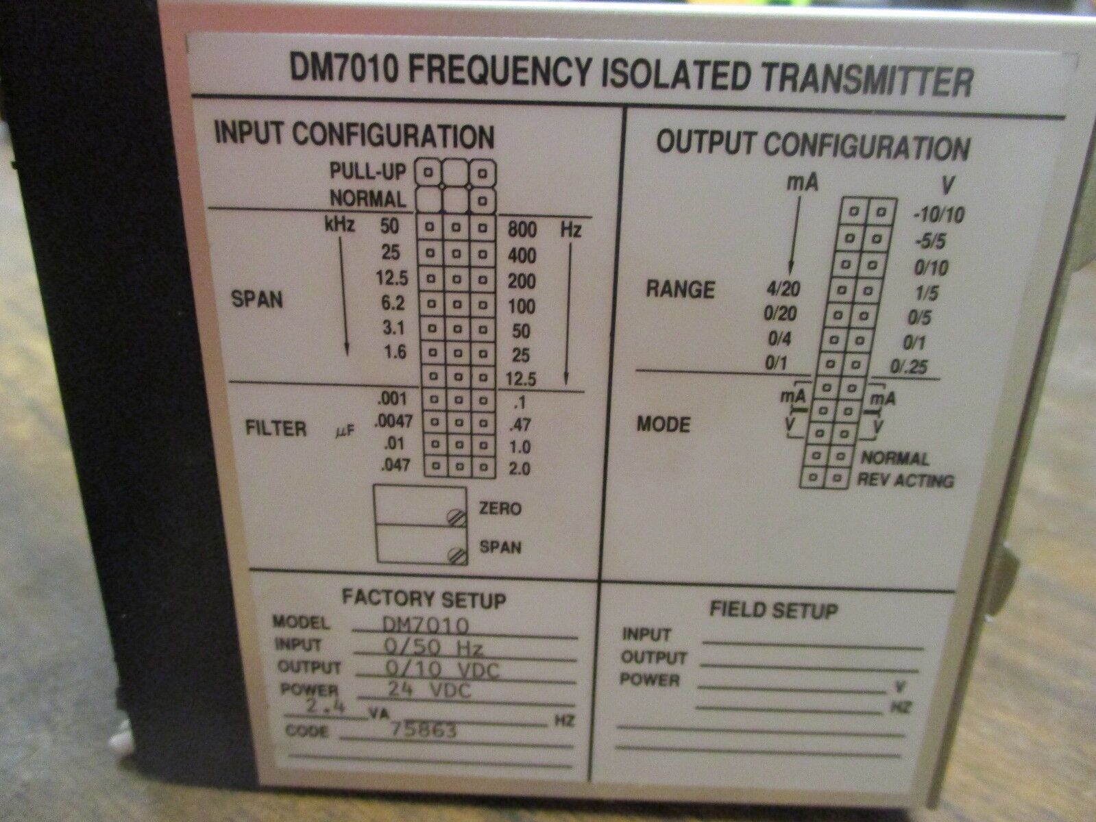 Wilkerson Frequency Isolated Transmitter DM7010 Input:0/50Hz Output:0/10VDC Used