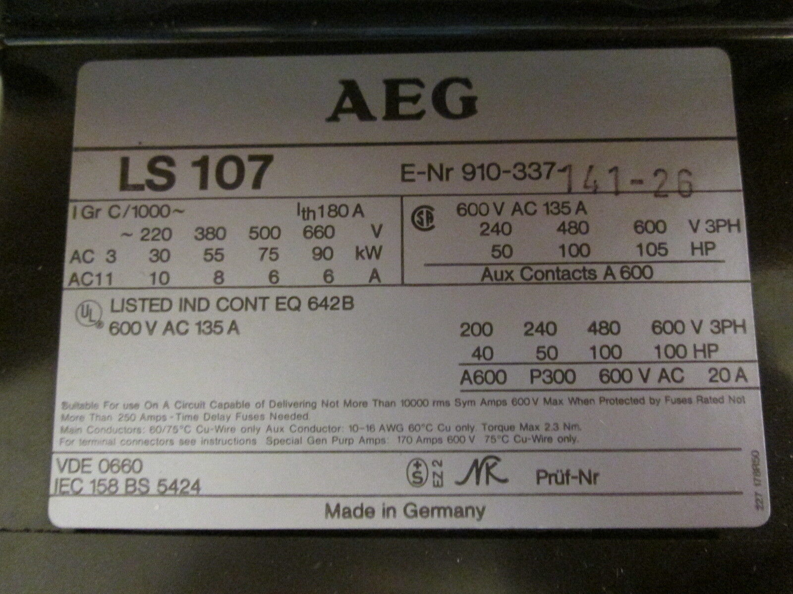 AEG Contactor LS 107.22 480V Coil 135A 600V w/ Lugs New Surplus