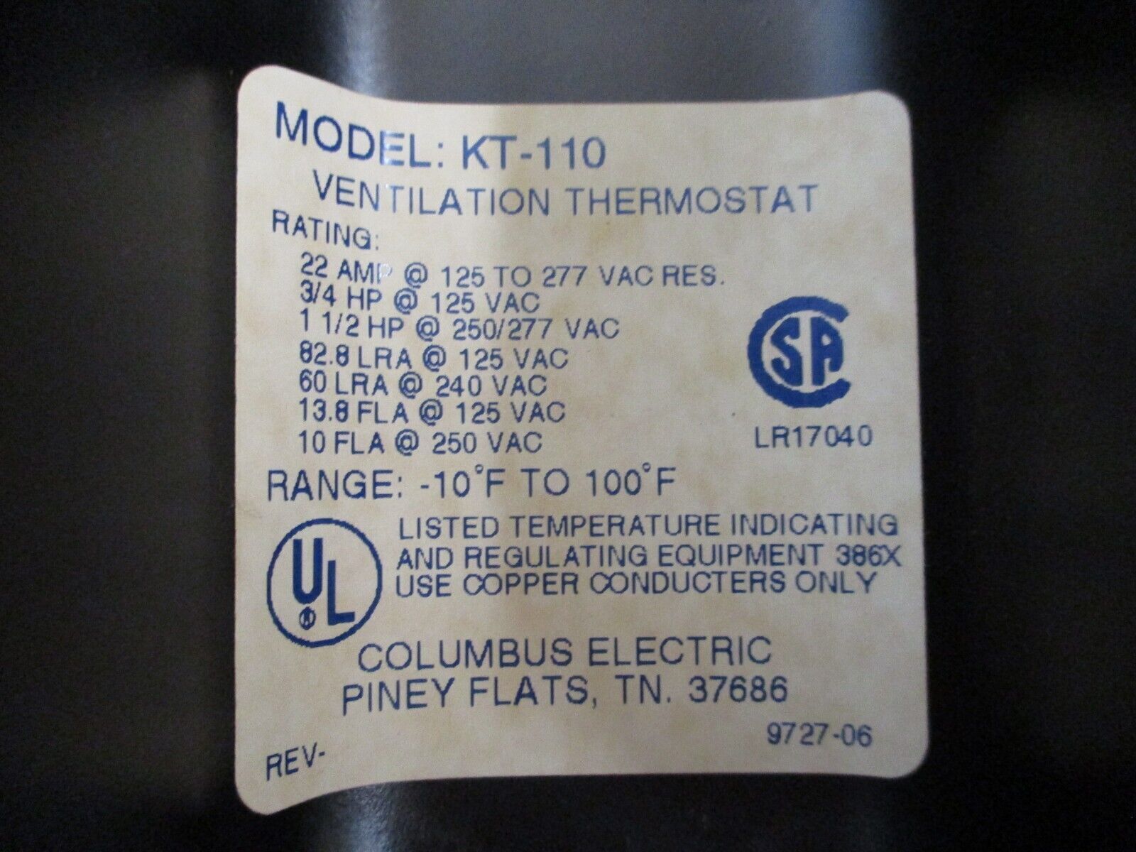 Columbus Electric Ventilation Thermostat KT-110 Range: -10°F - 100°F Used