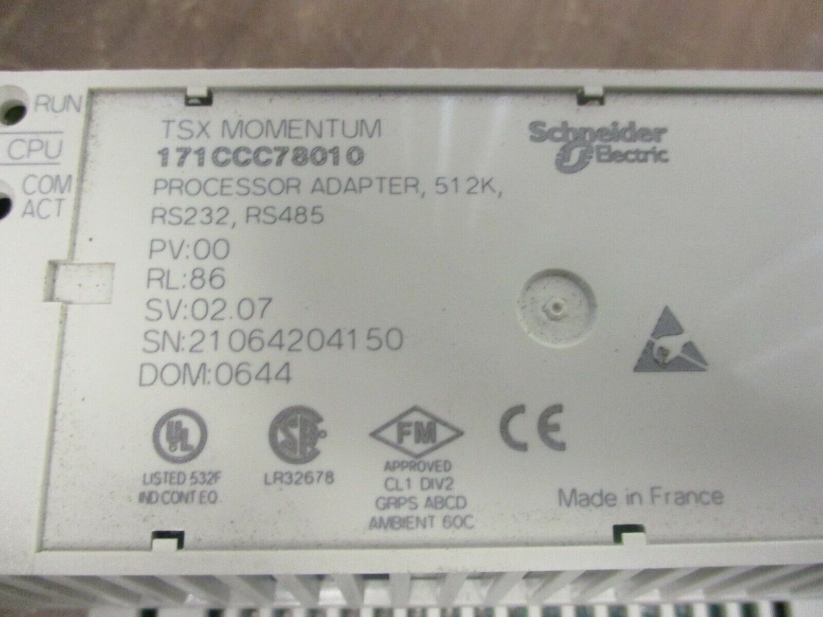 Schneider Electric TSX Momentum Processor w/ I/O Base 171CCC78010 512K Used