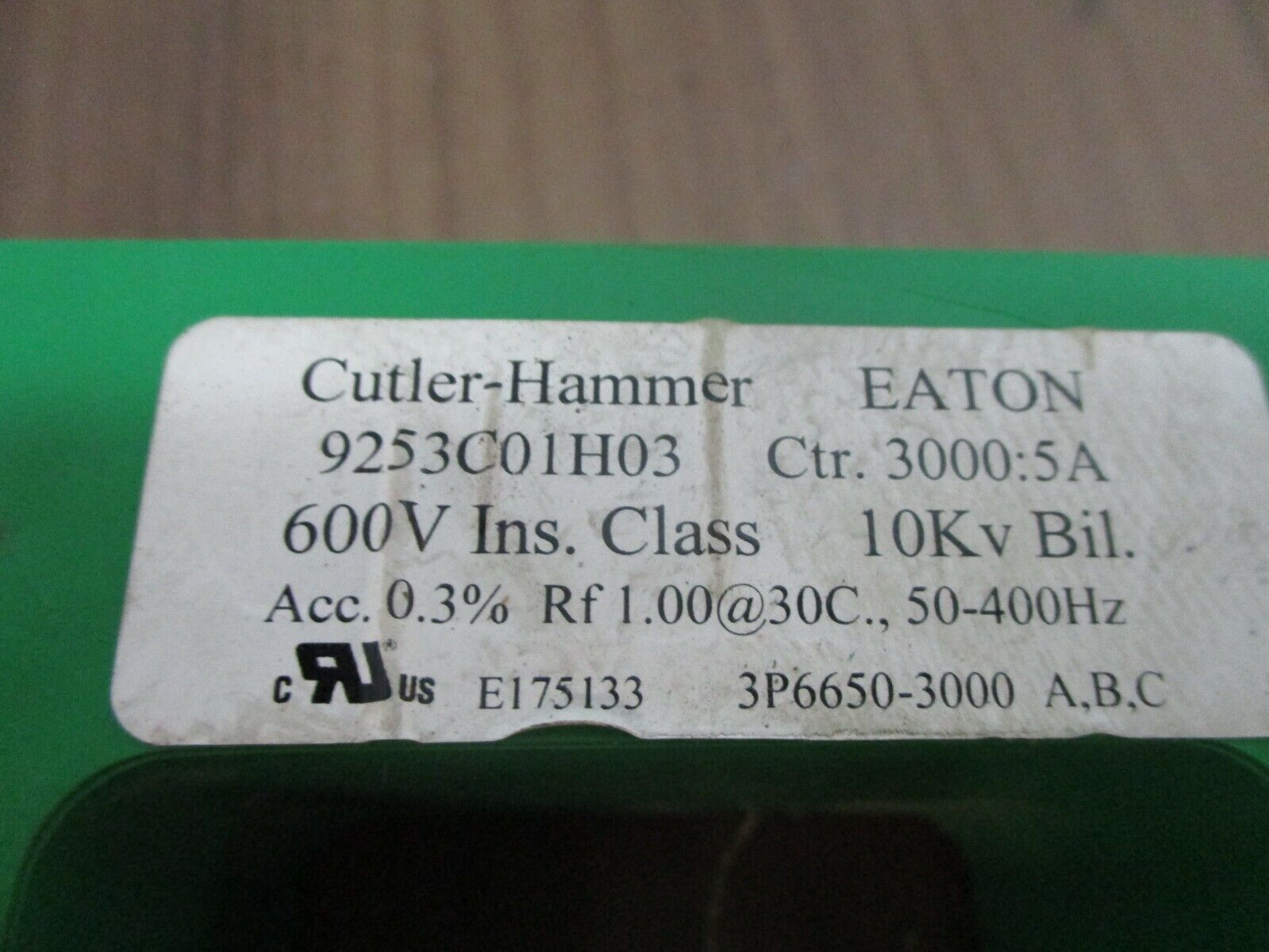 Eaton Cutler-Hammer Ground Fault Sensor 9253C01H03 Ratio 3000:5A 600V 50-400Hz