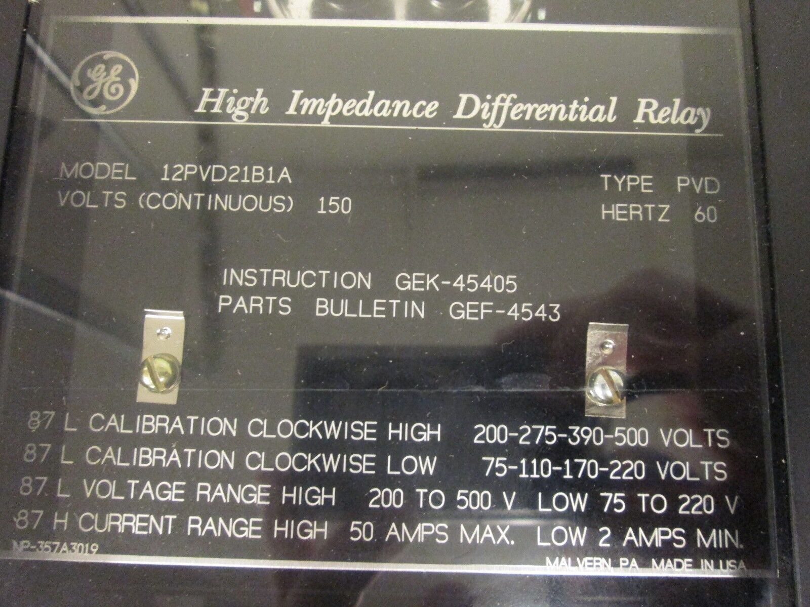 GE High Impedance Differential Relay 12PVD21B1A 150V 60Hz Used