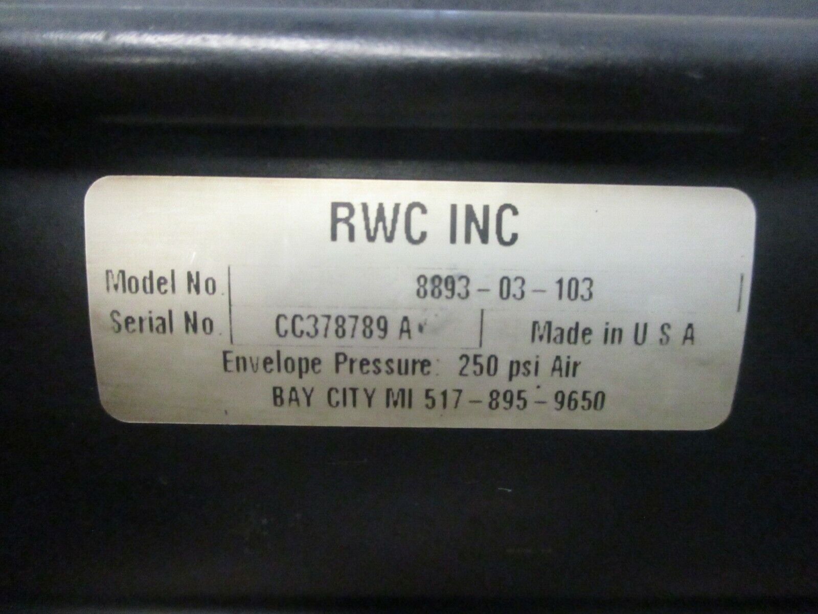 RWC Air Cylinder 8893-03-103 250PSI Used