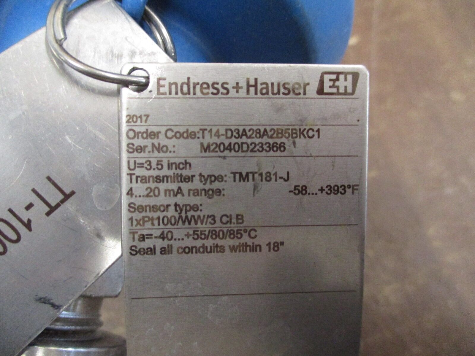 Endress + Hauser Temperature Sensor T14-D3A28A2B5BKC1 Range: -58° - 393°F Used