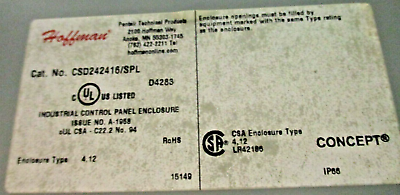 Hoffman Type 4, 12 Enclosure CSD242416/SPL Size: 24" x 24" x 16" *Dented* Used