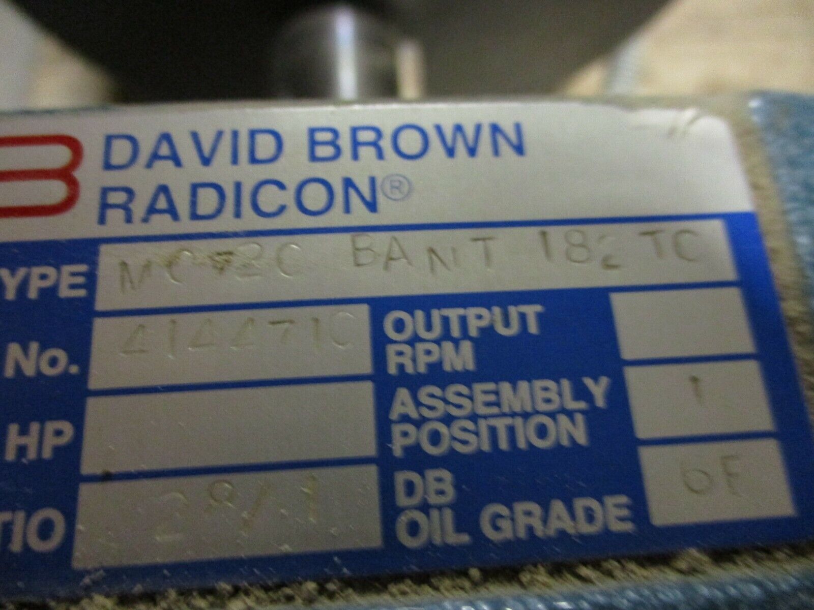 David Brown Radicon Gear Reducer M0720 BANT 182 TC Ratio 28:1 Used
