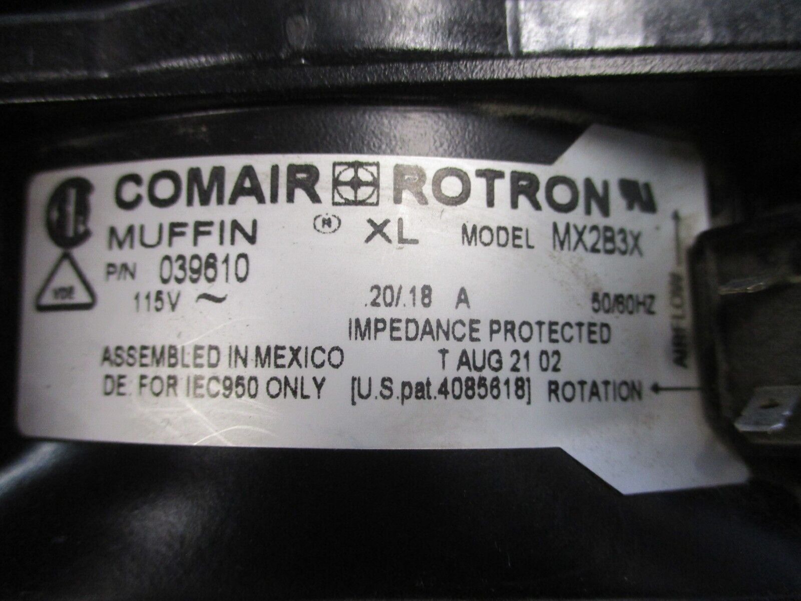 Comair Rotron Muffin XL Fan MX2B3 028422 50/60Hz .20/.18A 115V Used